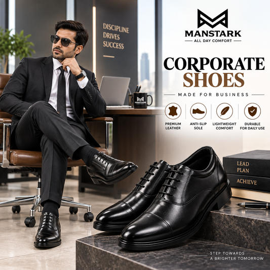Manstark Premium 100% Genuine Leather Oxford Corporate Shoes for Men – Formal Duty Footwear with Anti-Slip Sole & Superior All-Day Comfort -