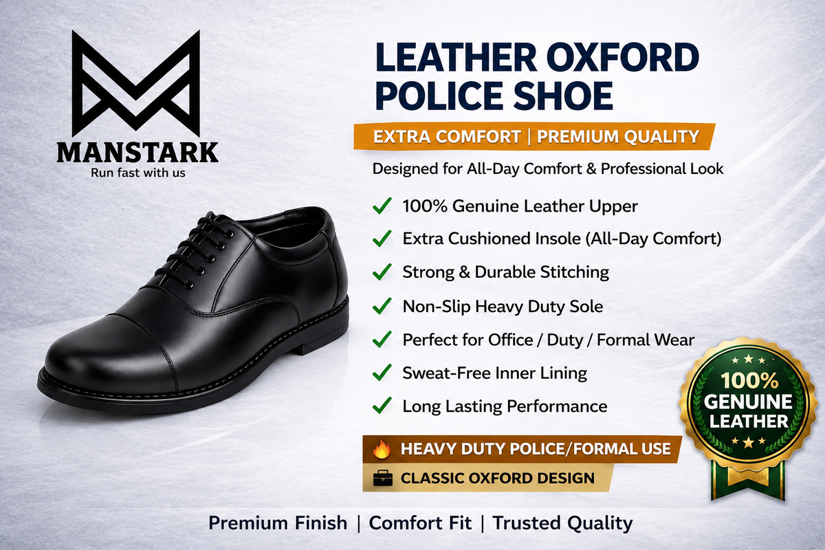 Manstark Premium 100% Genuine Leather Oxford Police Shoes for Men – Formal Duty Footwear with Anti-Slip Sole & Superior All-Day Comfort