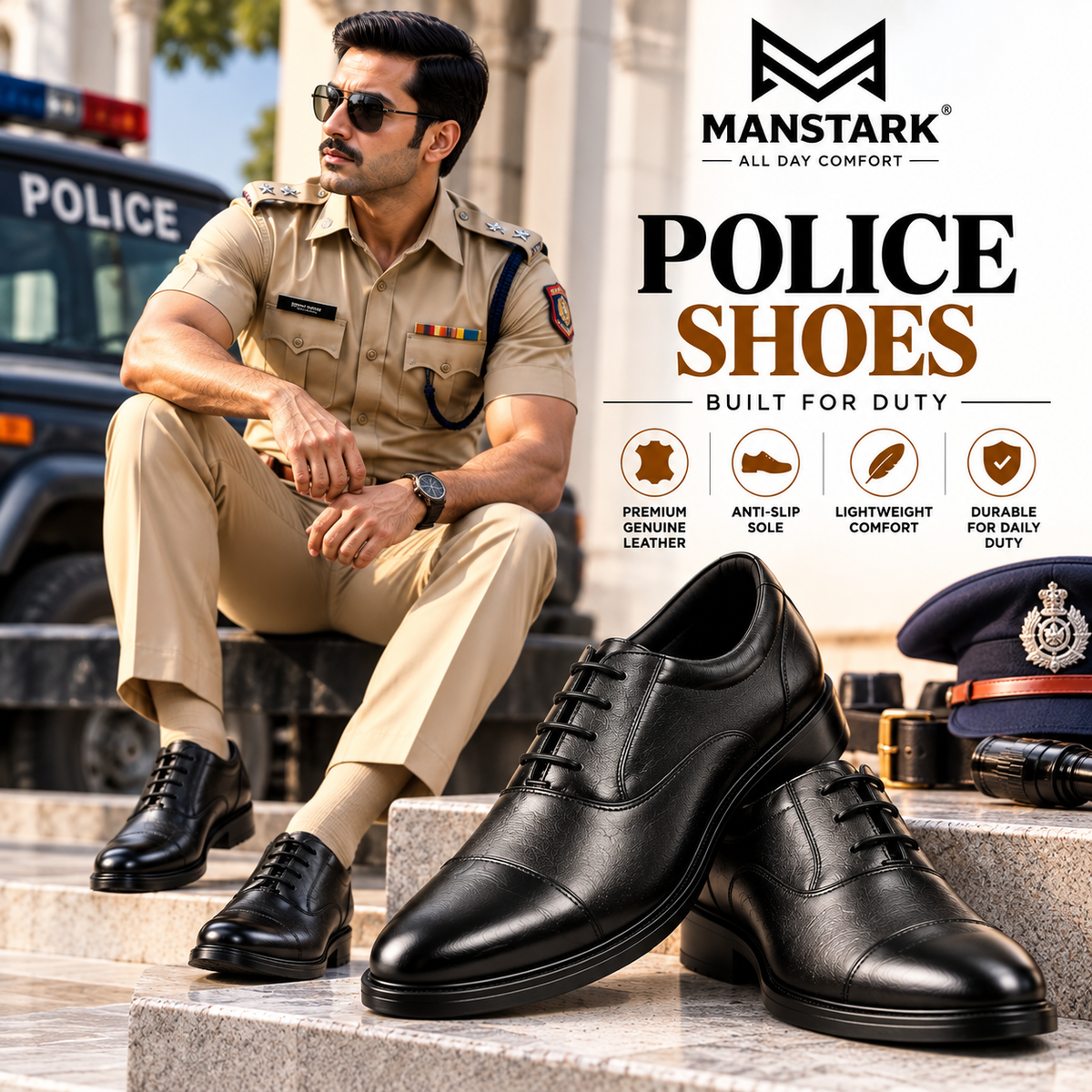 MANSTARK Premium Quality 100% Genuine Leather Oxford Police Shoes for Men – Formal Duty Footwear with Anti-Slip Sole & All-Day Comfort