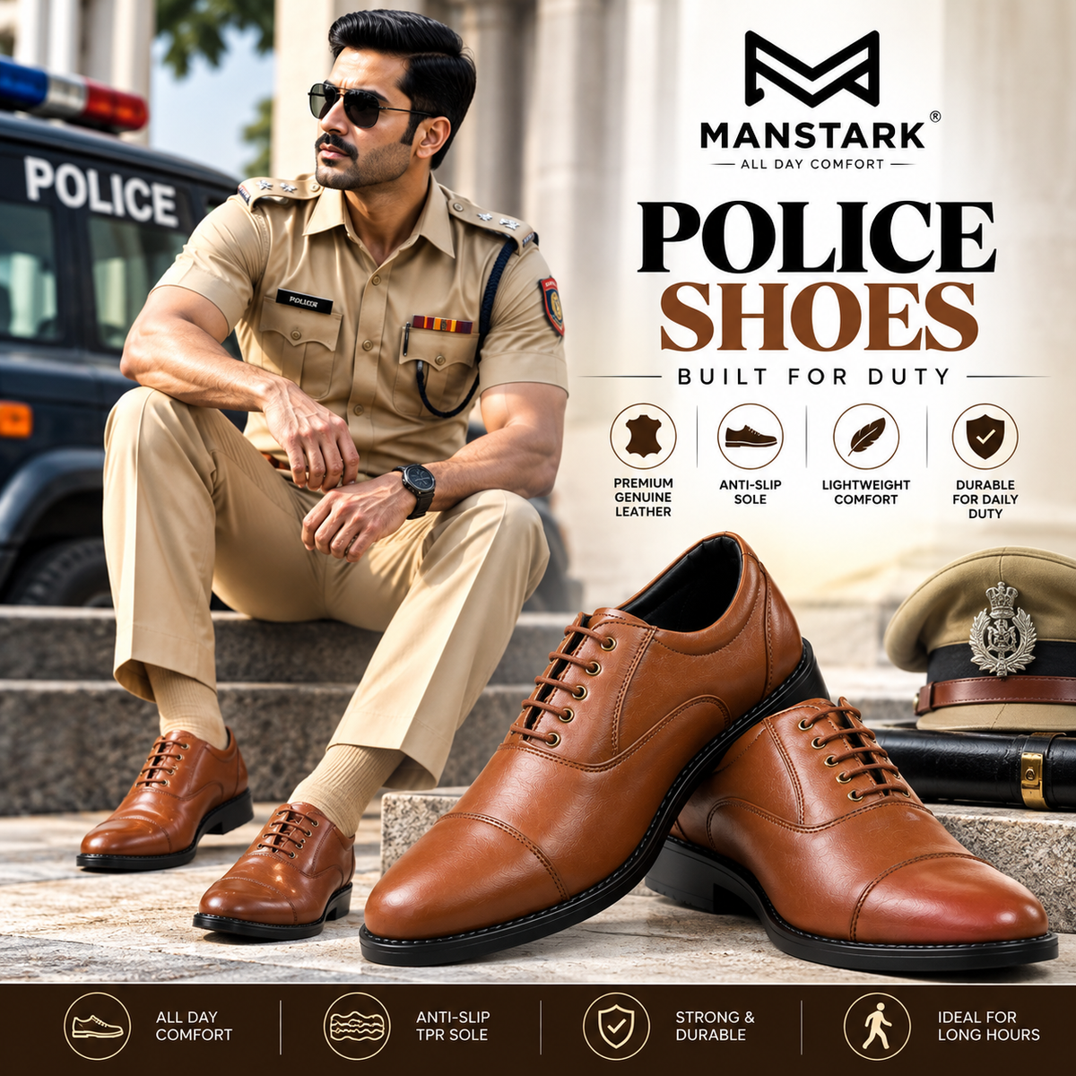 MANSTARK Premium Quality 100% Genuine Leather Oxford Police Shoes for Men – Formal Duty Footwear with Anti-Slip Sole & All-Day Comfort