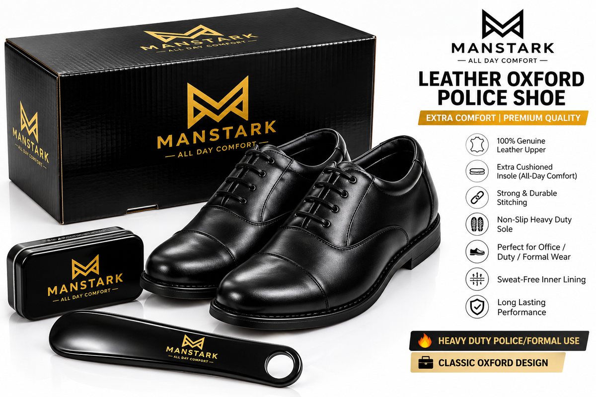 MANSTARK Premium Quality 100% Genuine Leather Oxford Police Shoes for Men – Formal Duty Footwear with Anti-Slip Sole & All-Day Comfort