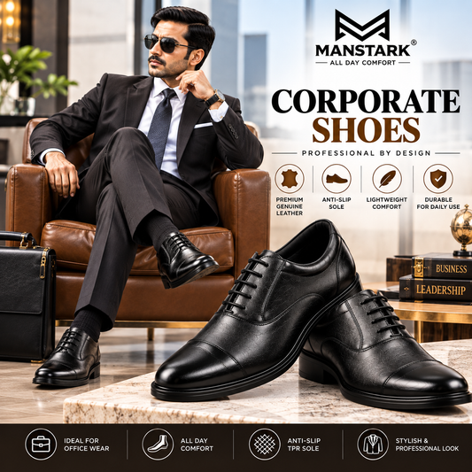 Manstark Premium 100% Genuine Leather Oxford Corporate Shoes for Men – Formal Duty Footwear with Anti-Slip Sole & Superior All-Day Comfort -