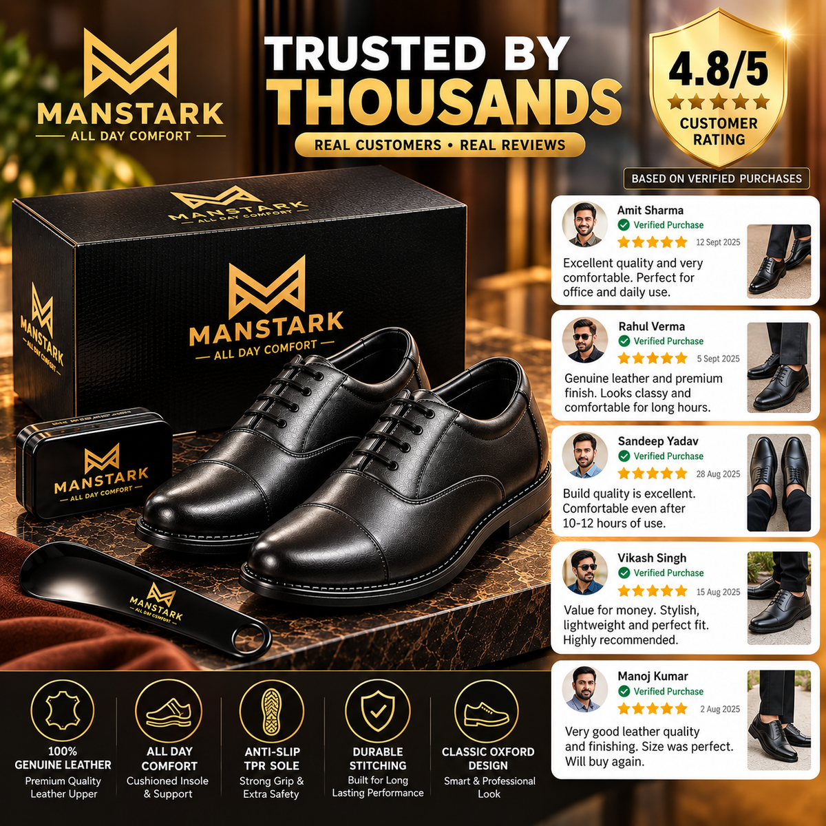 MANSTARK Premium Quality 100% Genuine Leather Oxford Police Shoes for Men – Formal Duty Footwear with Anti-Slip Sole & All-Day Comfort