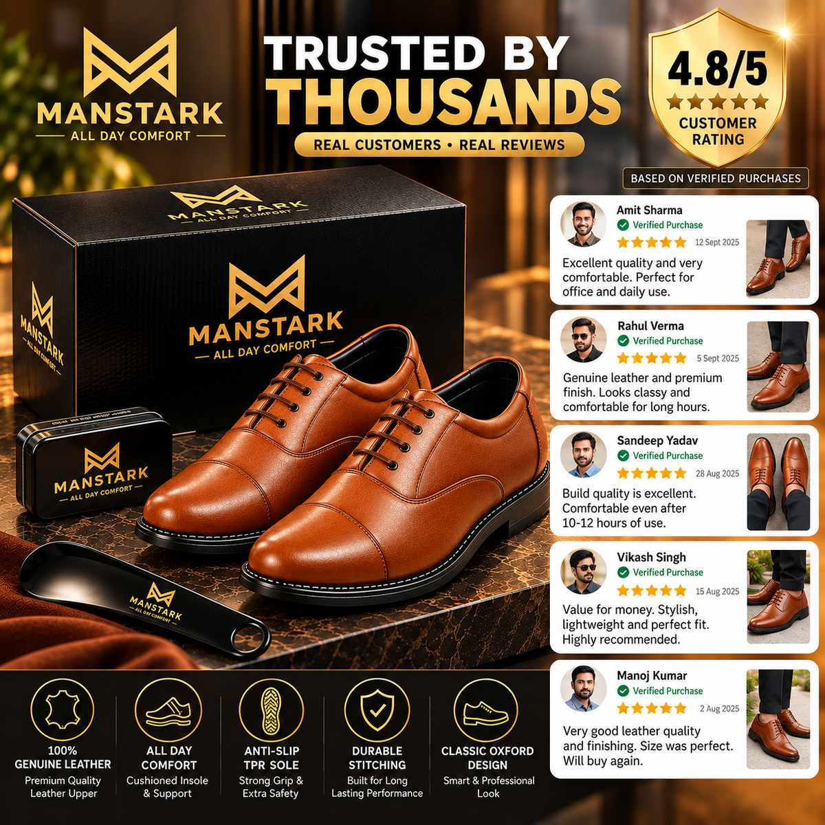 MANSTARK Premium Quality 100% Genuine Leather Oxford Police Shoes for Men – Formal Duty Footwear with Anti-Slip Sole & All-Day Comfort